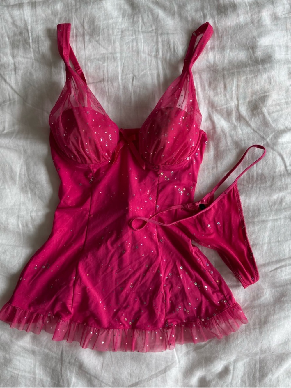 2007 victoria's secret hot pink sequin mesh dress + panty
